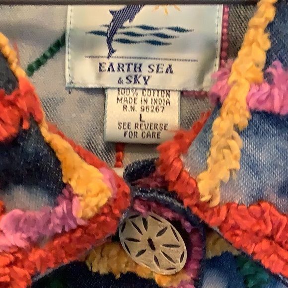 Earth Sea Sky Vtg Colorful Chenille-Embellished Acid Wash Denim Shirt Jacket Lge - Picture 2 of 8